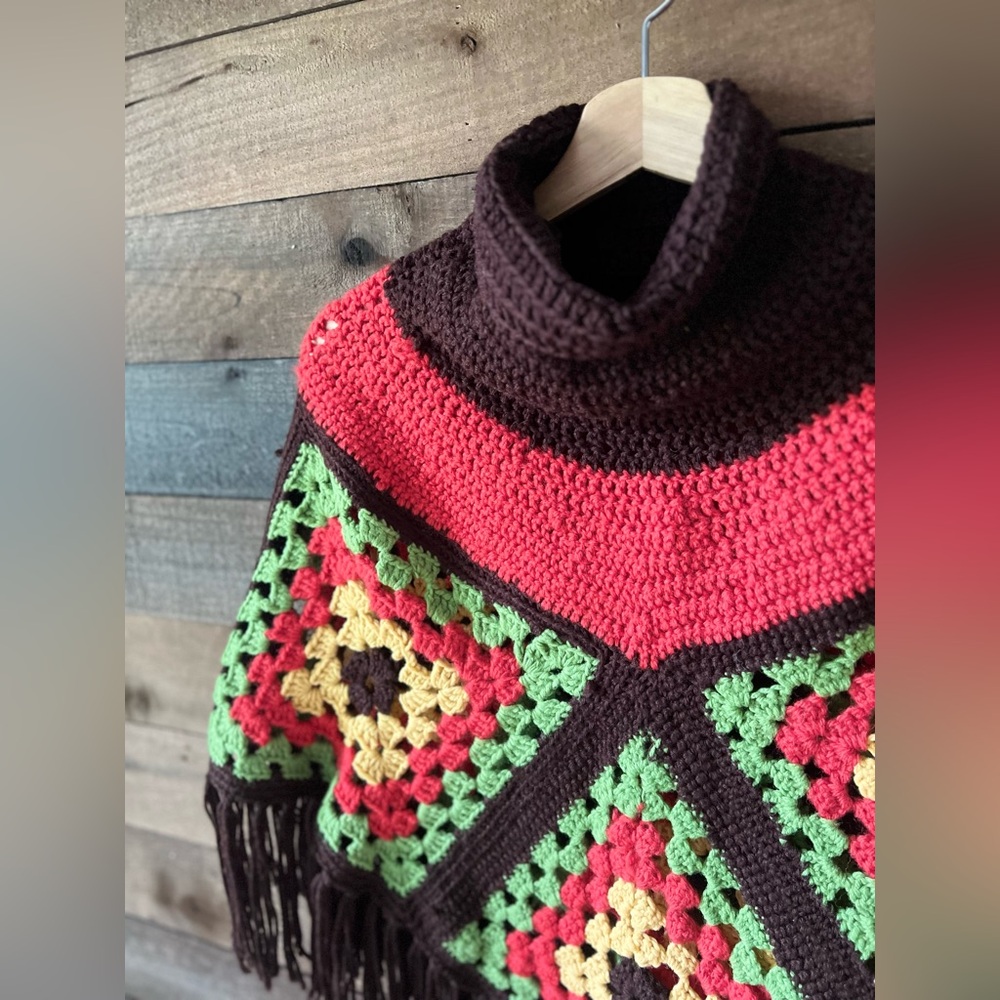 Vintage Handmade Crochet Granny Square Poncho with Fringe - Picture 3 of 8